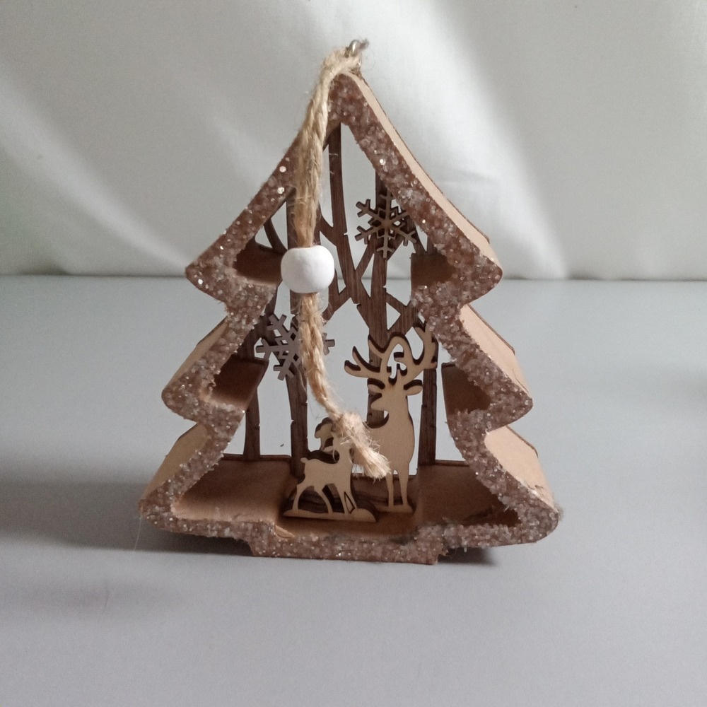 Rustic Wooden Christmas Tree Ornament Woodland Reindeer Glitter Accents 5 Inch